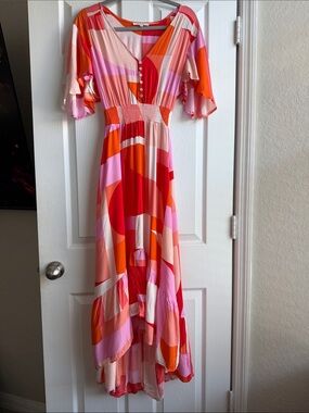 Abel the Label Abstract Pink & Red High-Low Maxi Dress with Flutter Sleeves